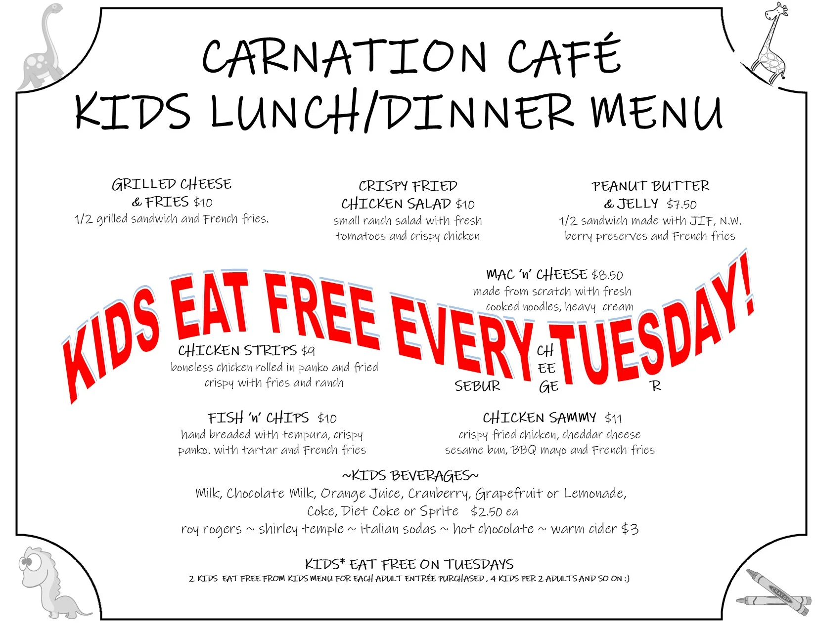 Dinner menu for April 2026 featuring various dishes and prices.