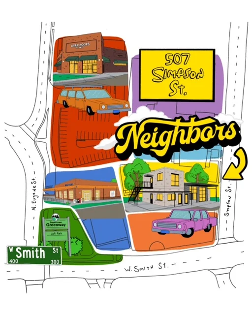 Illustrated map highlighting local businesses and community at 507 Simpson St.