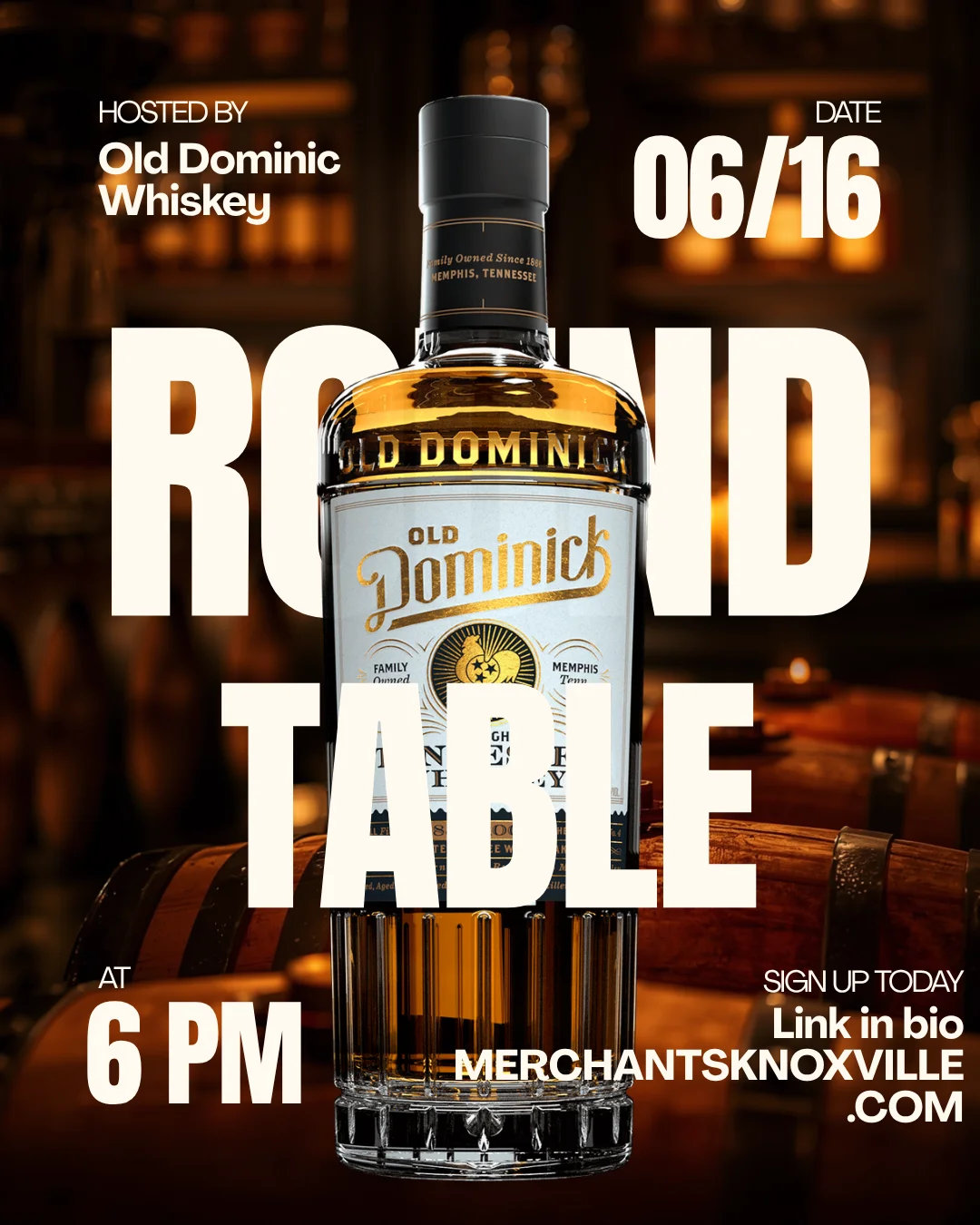 Old Dominick Whiskey event poster for Round Table discussion