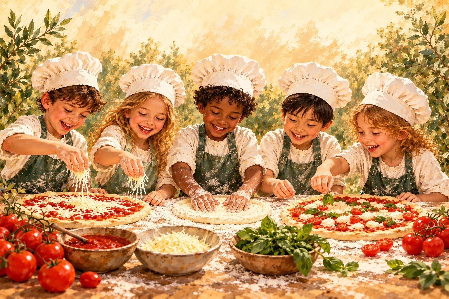 Five children making pizza together — Kids Pizza Parties at Pizza Secret
