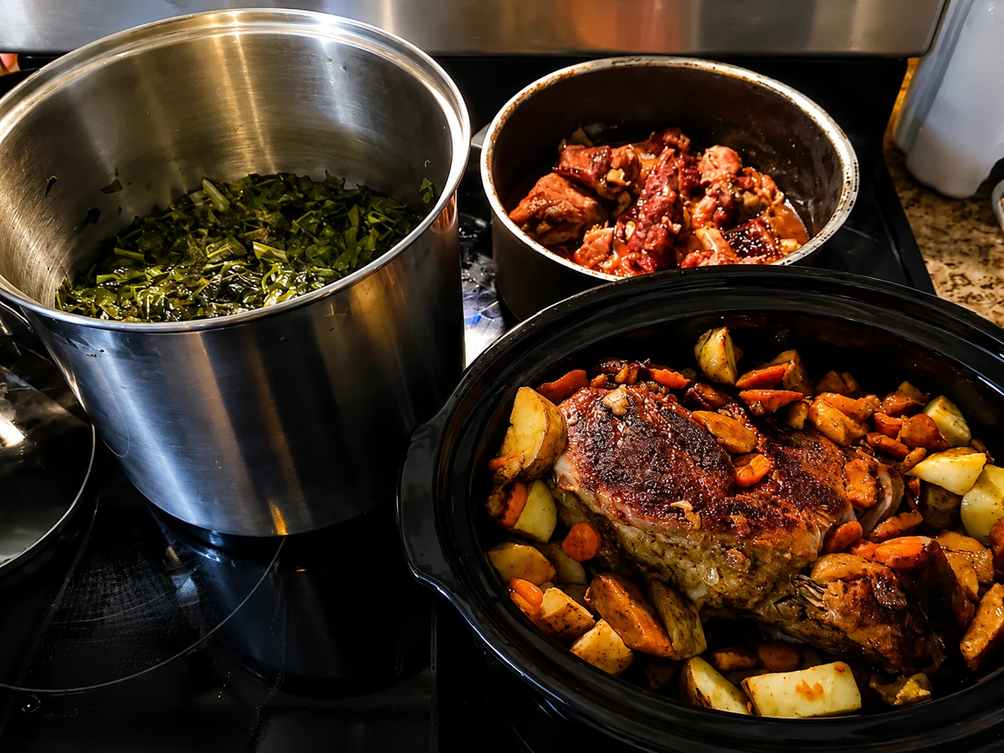A variety of cooked dishes, including collard greens, meat in sauce, and a roast with potatoes and carrots.