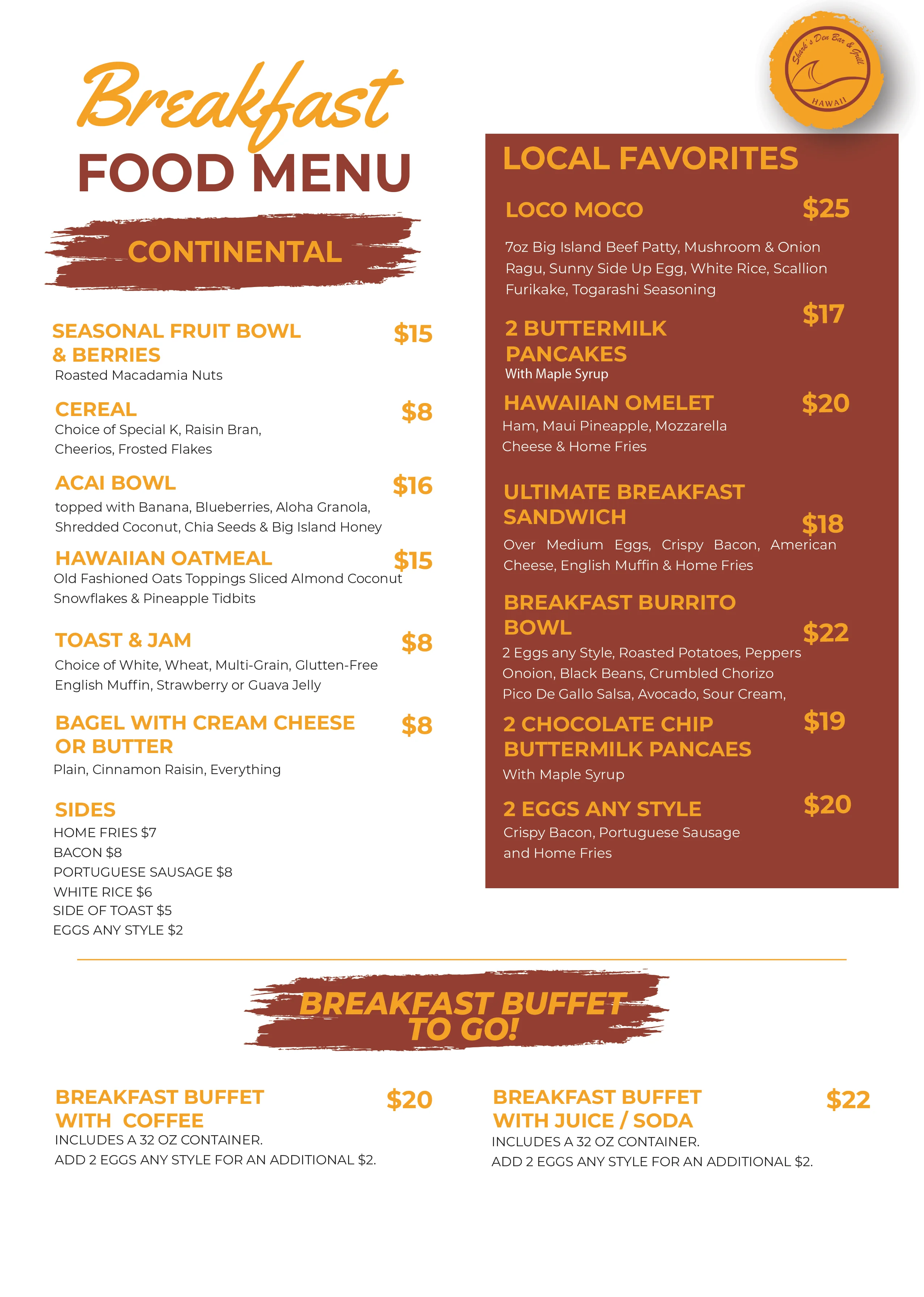 Breakfast menu featuring Hawaiian loco moco and pancakes
