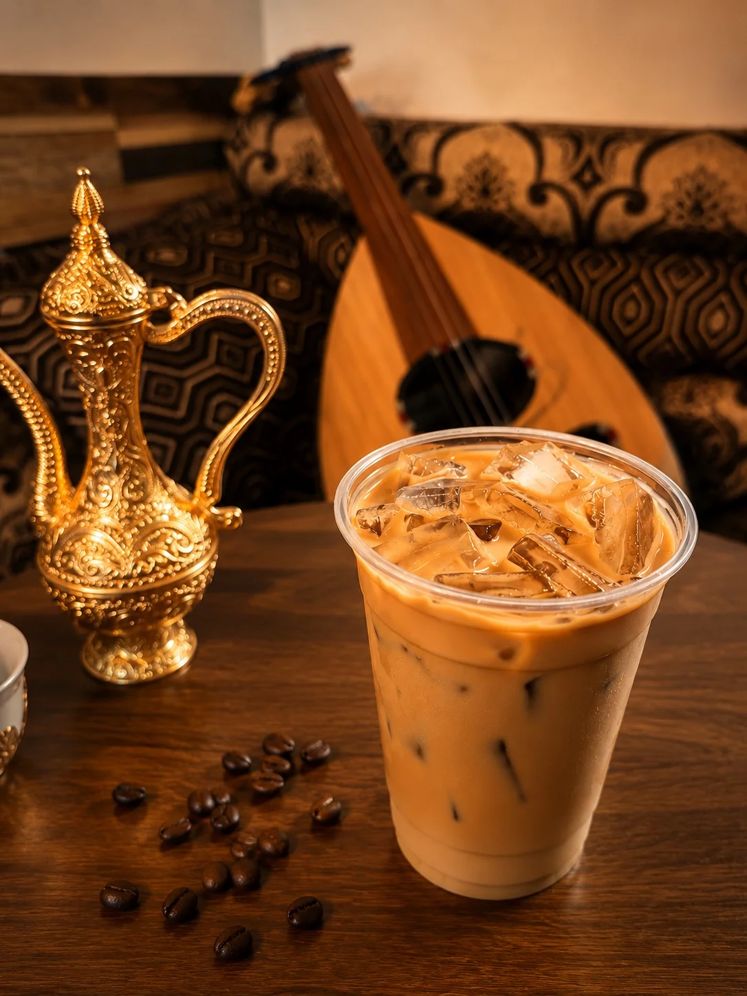 Iced coffee with ice cubes, coffee beans, and traditional coffee pot in background.