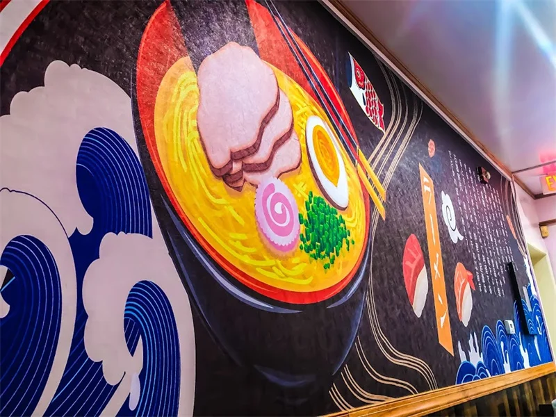 Colorful mural featuring Japanese ramen and sushi