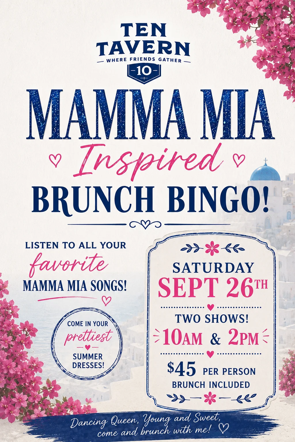 Mamma Mia Bingo event with brunch and prizes.