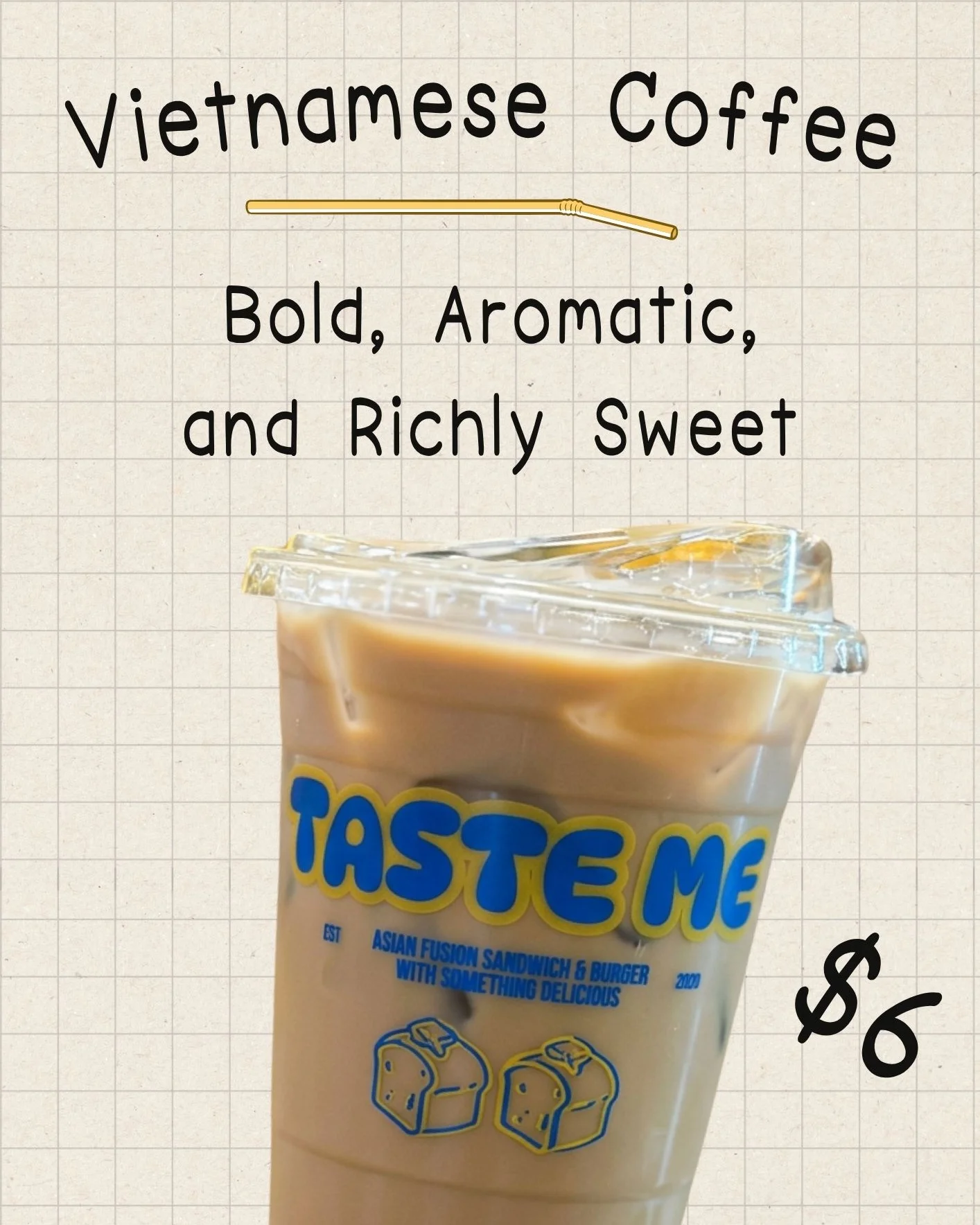 A clear cup filled with a layered drink featuring green tea and milk, topped with foam. The cup has a colorful label with the text 'TASTE ME'.