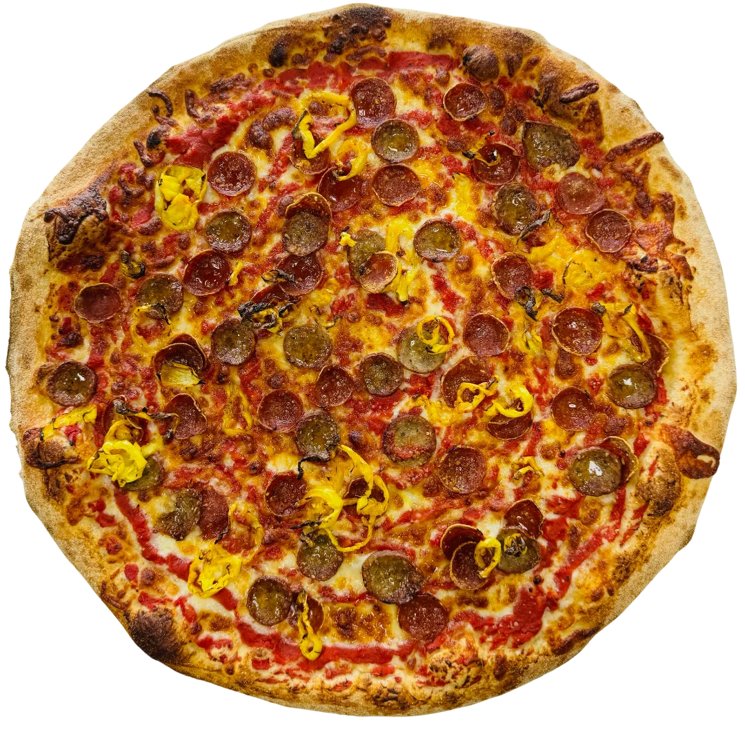 Pizza with sausage, pepperoni, banana peppers and red pepper flake