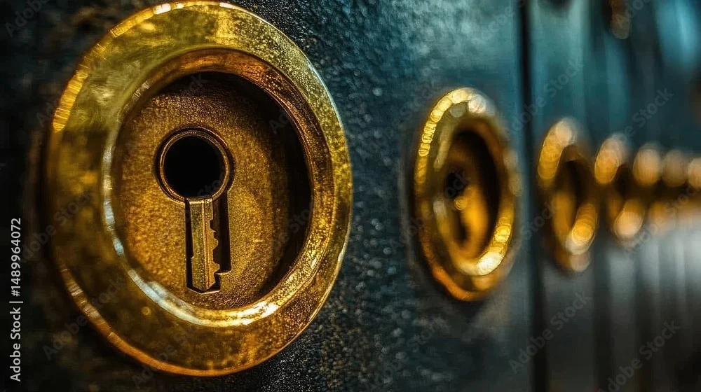 Close-up of a vintage brass keyhole on a dark safe