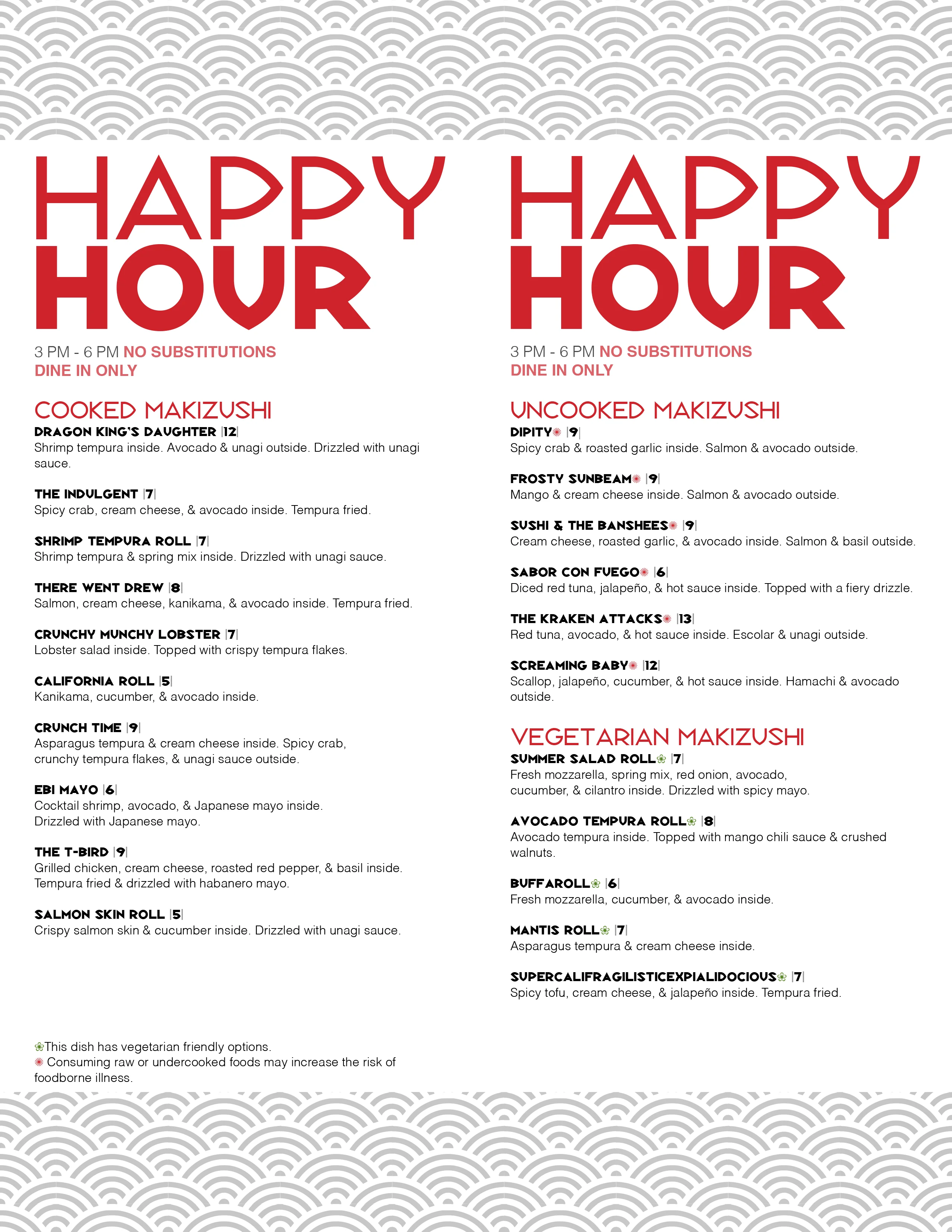 Japanese makizushi happy hour menu featuring various rolls