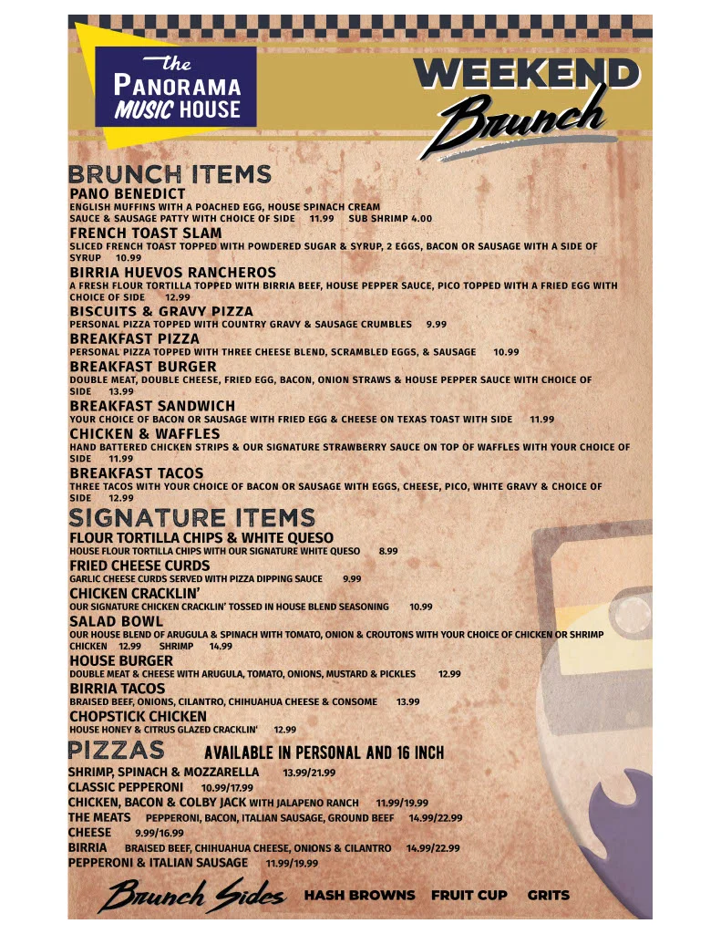 Brunch menu featuring diverse dishes at a lively music house