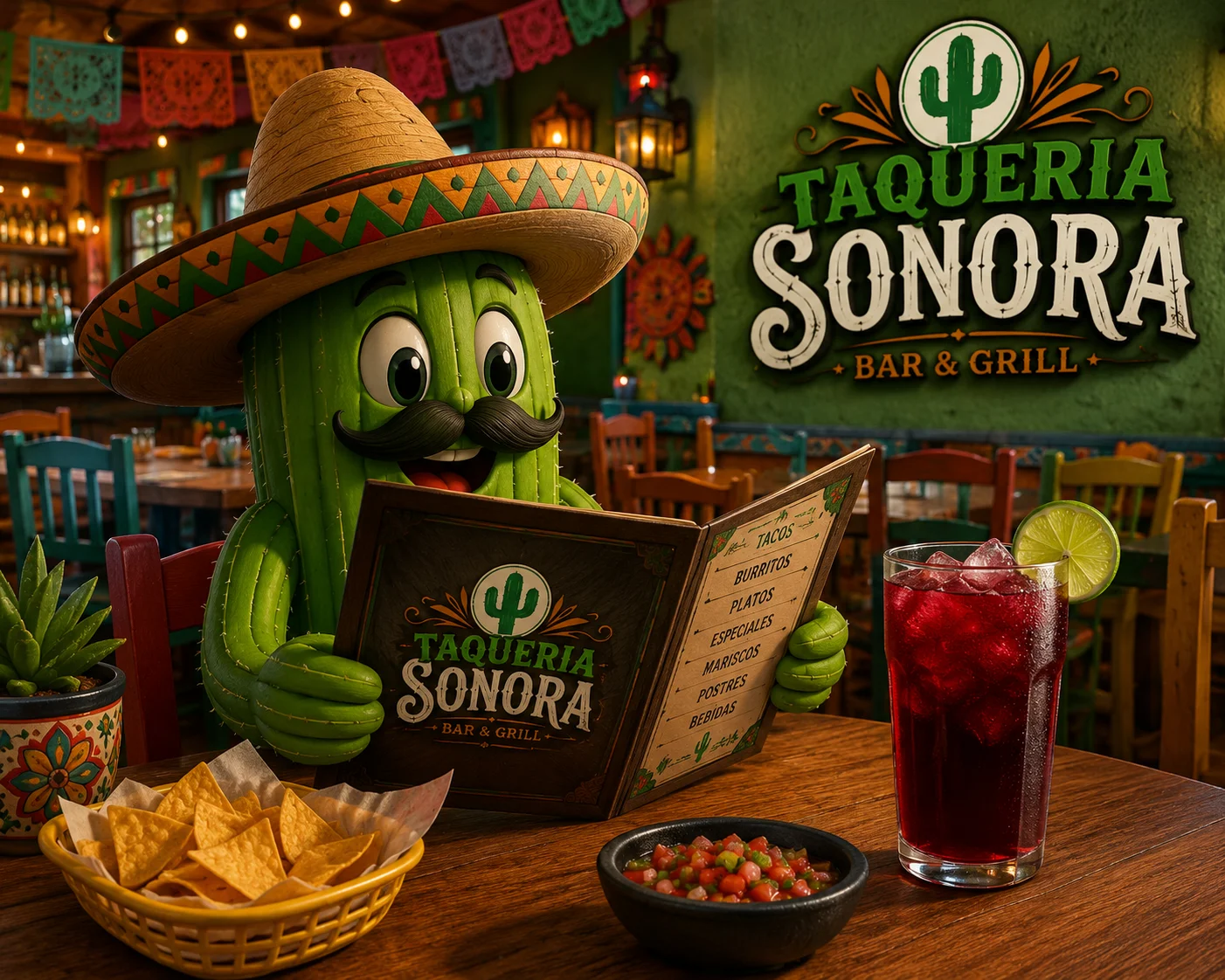 Colorful restaurant interior with a cactus mascot and menu