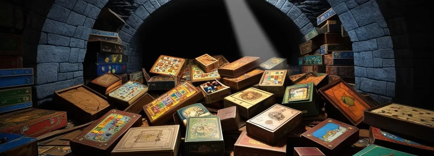 Abandoned treasure trove of ornate wooden boxes in a stone archway