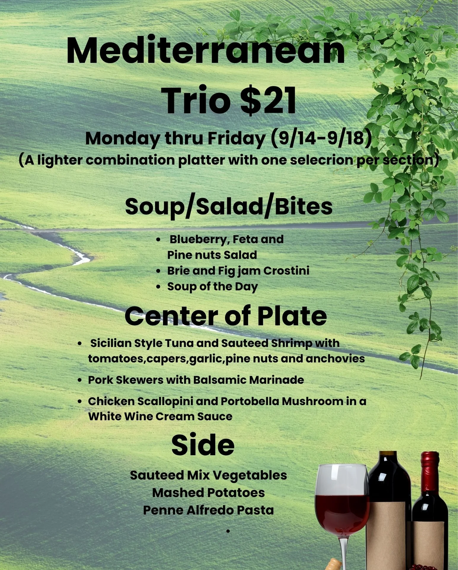 Mediterranean trio platter featuring seafood and pasta dishes