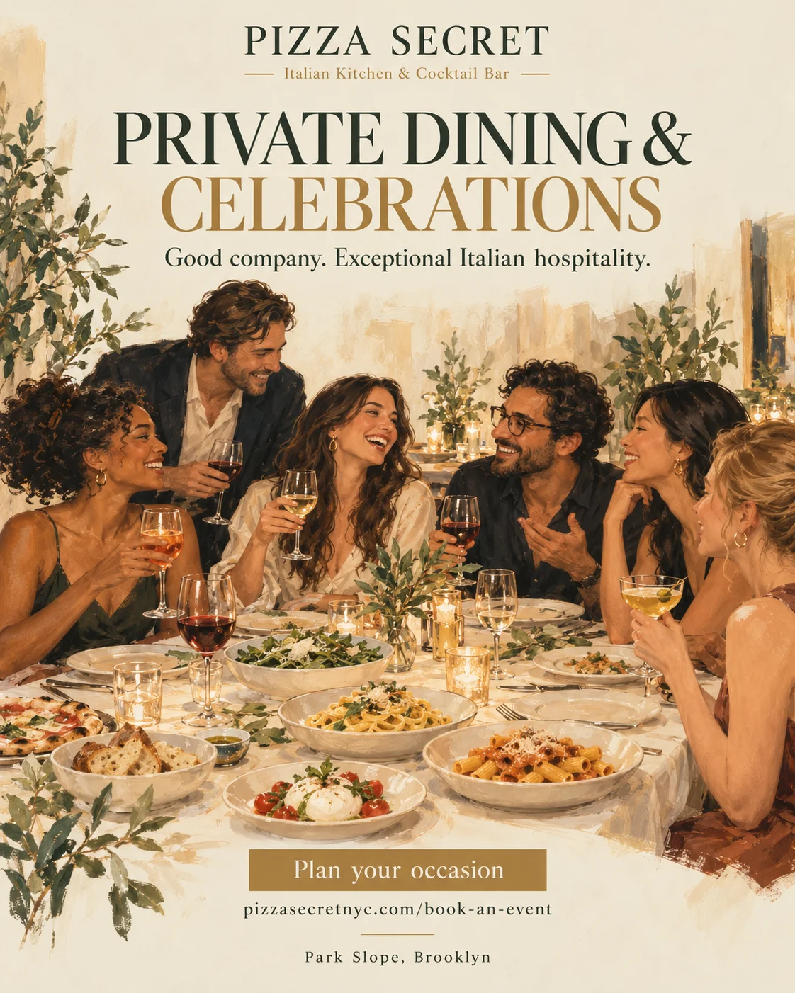 Group dining and celebrations at Pizza Secret, illustrated campaign
