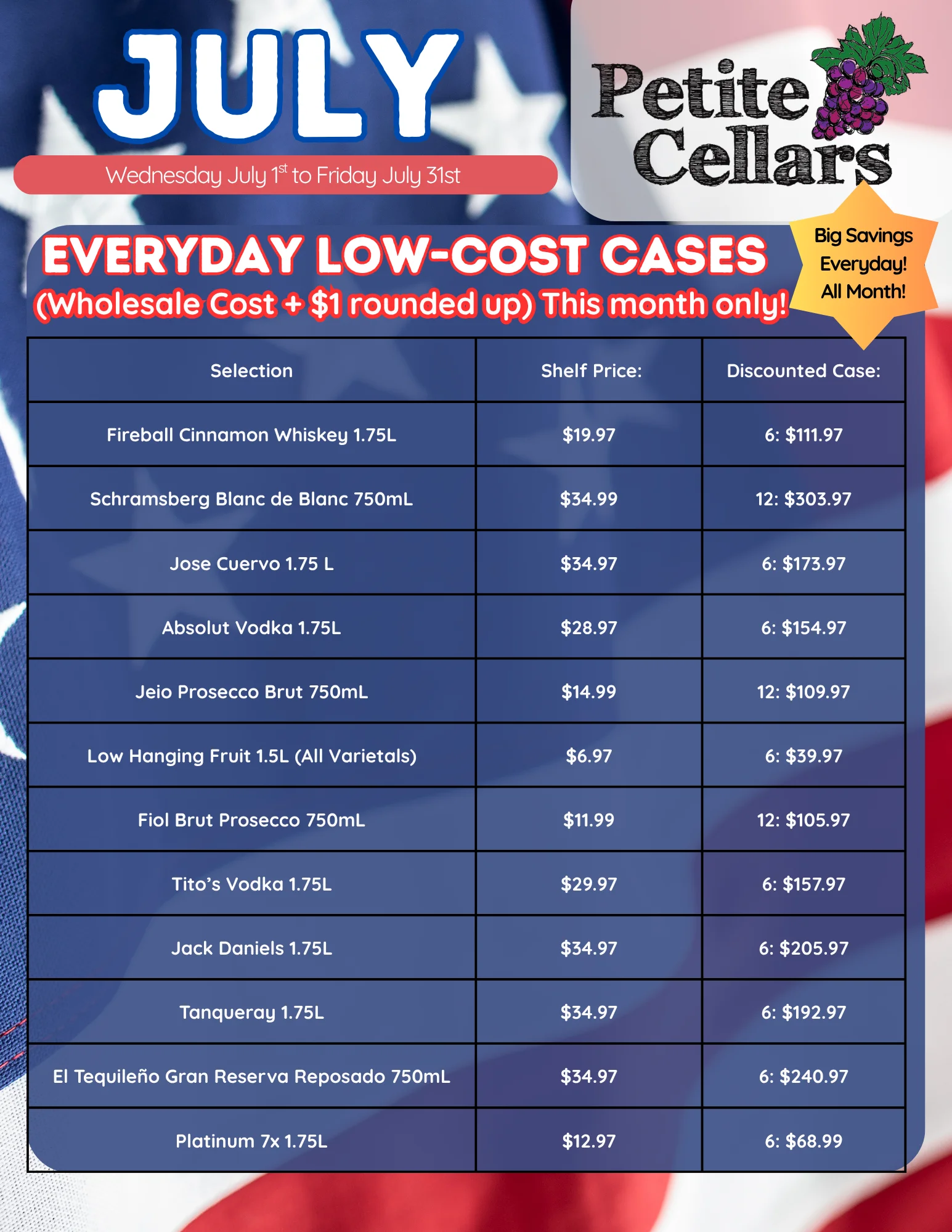 Promotional flyer for discounted wine and spirits at Petite Cellars in June
