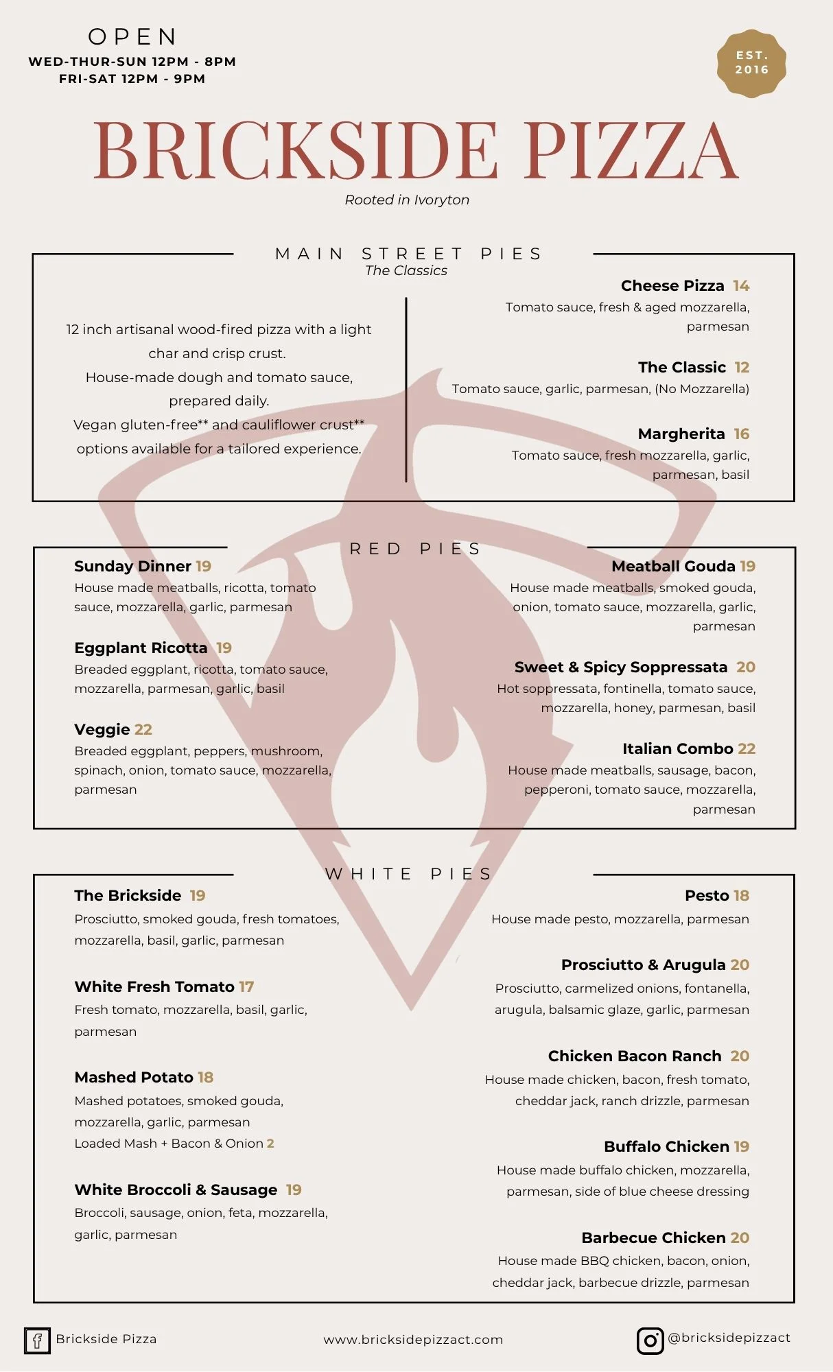 Artisan wood-fired pizza menu featuring various styles