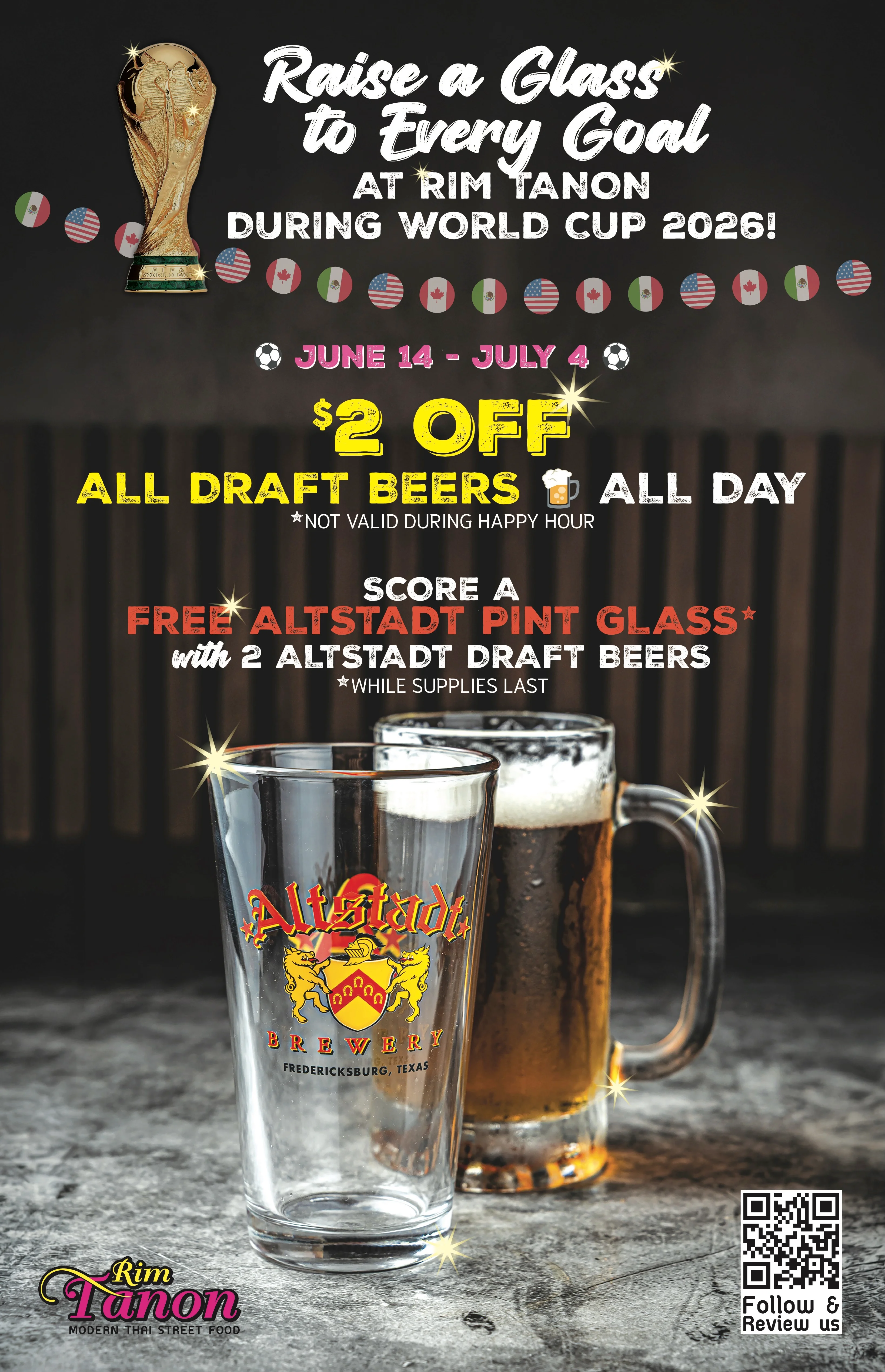 Promotional poster for World Cup beer specials at Rim Tanon