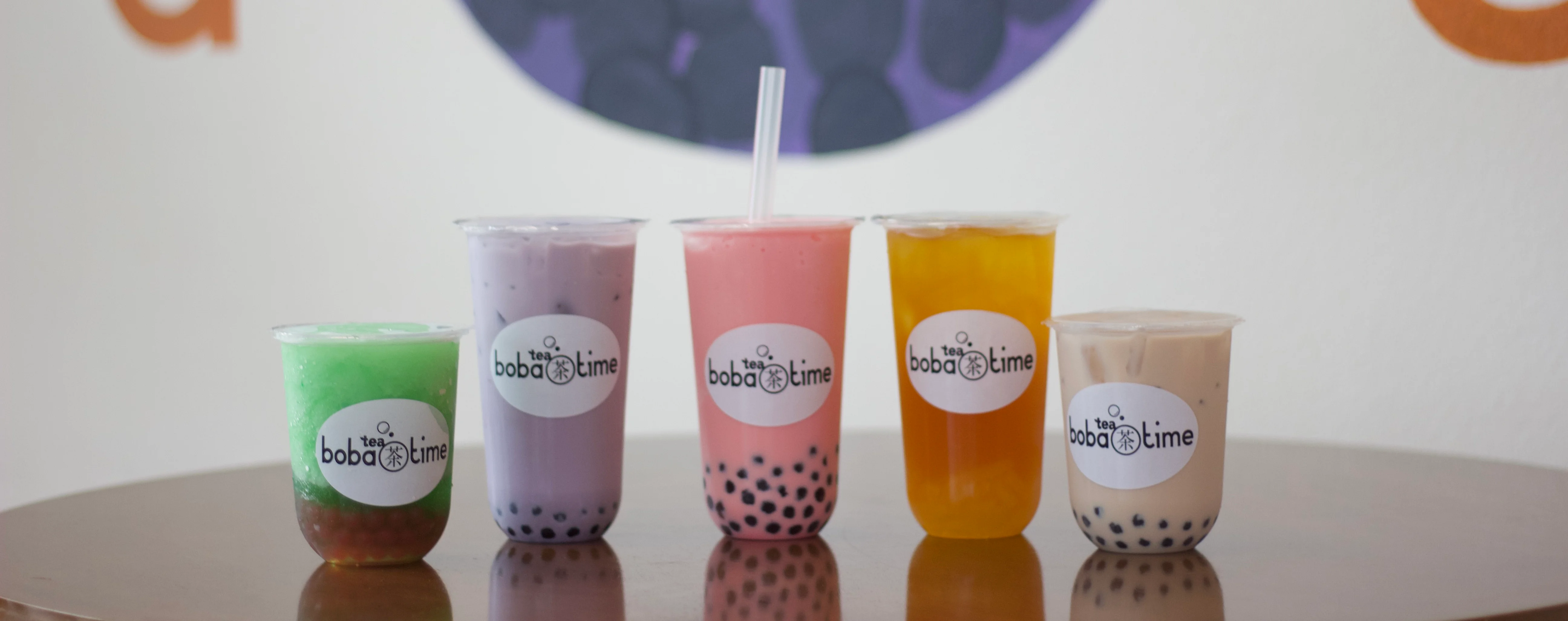 Variety of colorful bubble teas at a boba tea shop