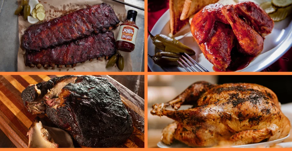 Smoked barbecue ribs and chicken platter from American cuisine