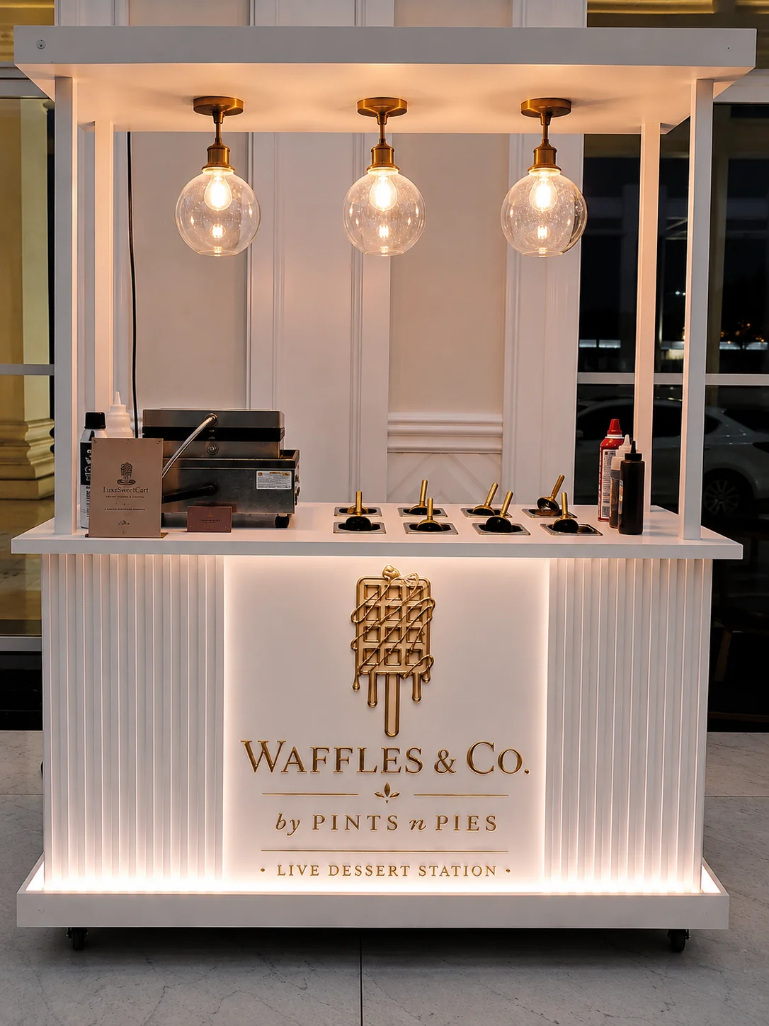 Live dessert station featuring waffles and toppings