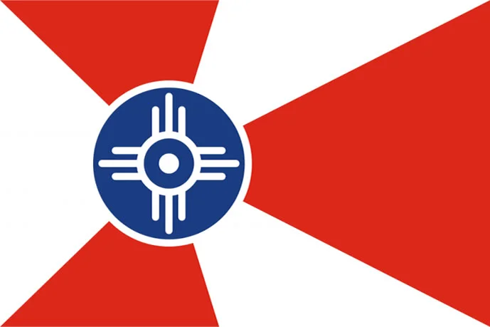 Abstract red, white, and blue restaurant logo with circular geometric symbol