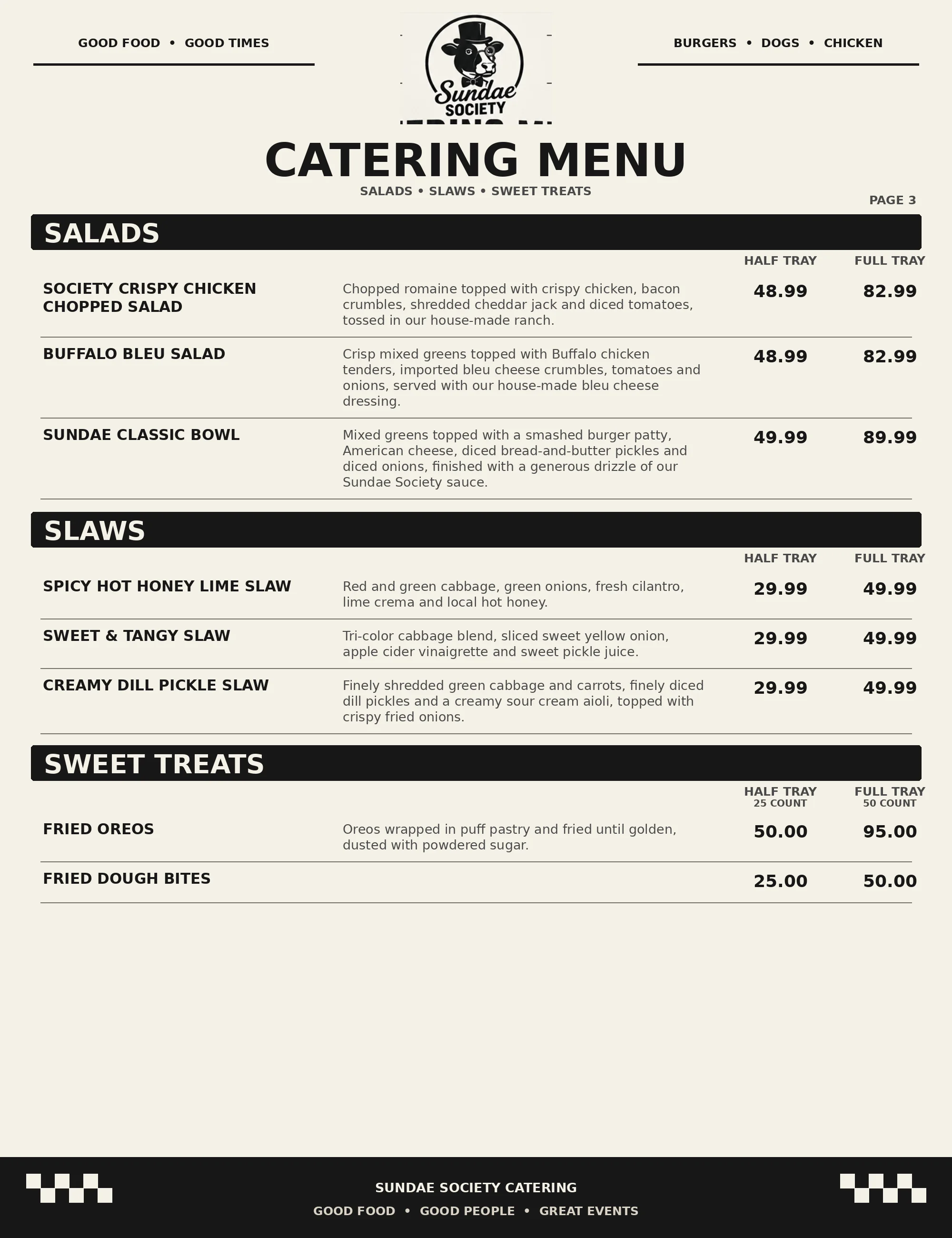 Catering menu featuring salads, slaws, and sweet treats from a restaurant