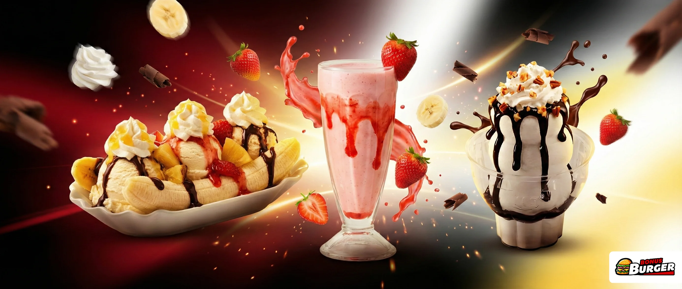Delicious banana split with ice cream and toppings