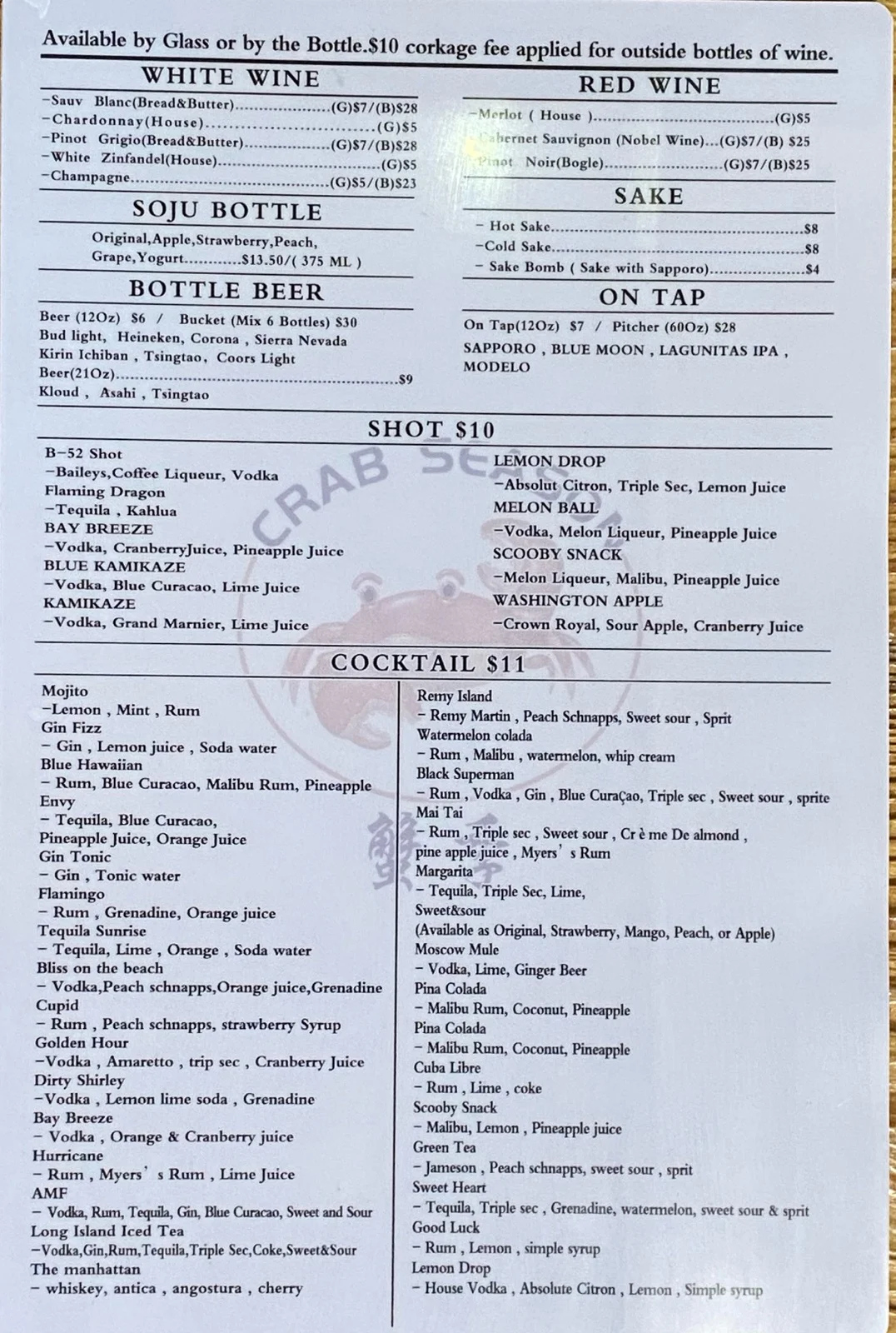 Cocktail menu featuring a variety of drinks and shots