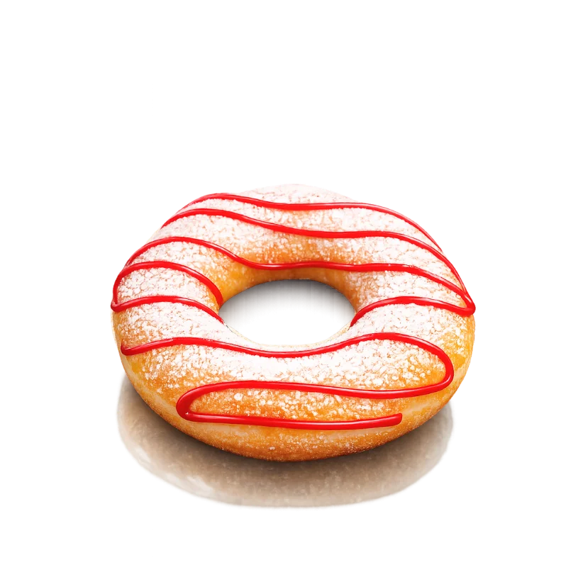 Strawberry Funnel Cake mochi donut with powdered sugar and strawberry drizzle