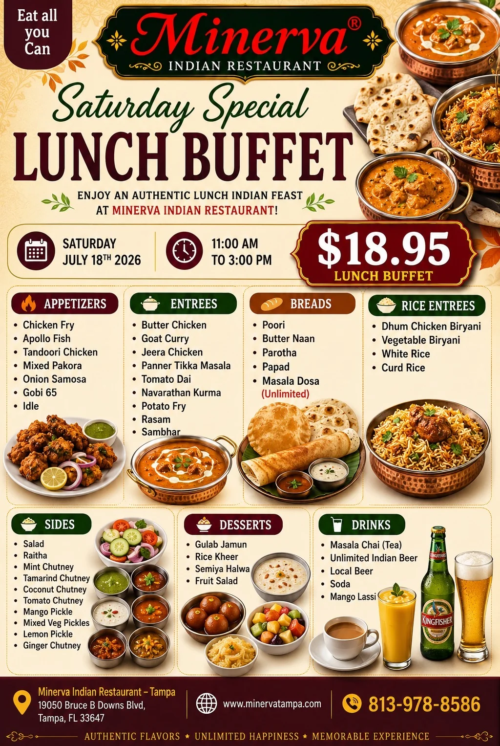 Authentic Indian dinner buffet featuring Chicken Dum Biryani and Goat Rogan Josh