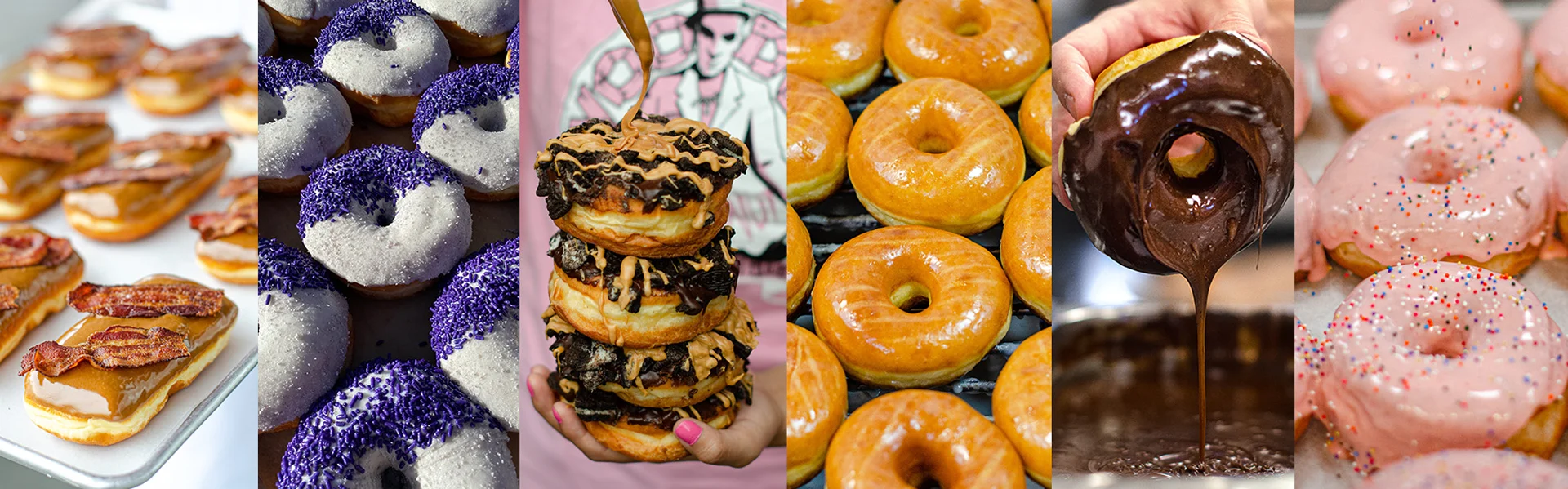 Assorted gourmet donuts including bacon and sprinkles