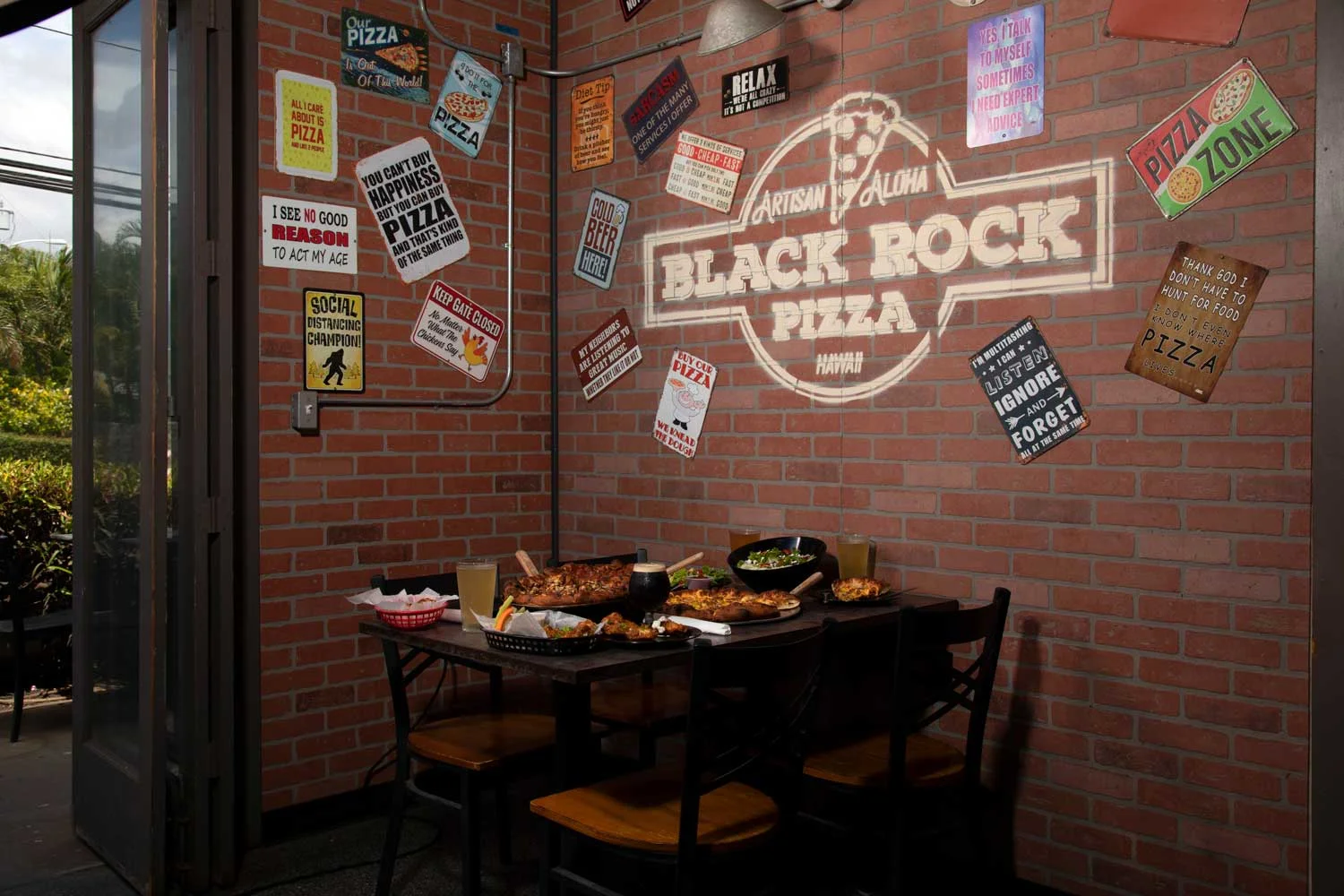 Cozy restaurant interior with pizza and rustic decor