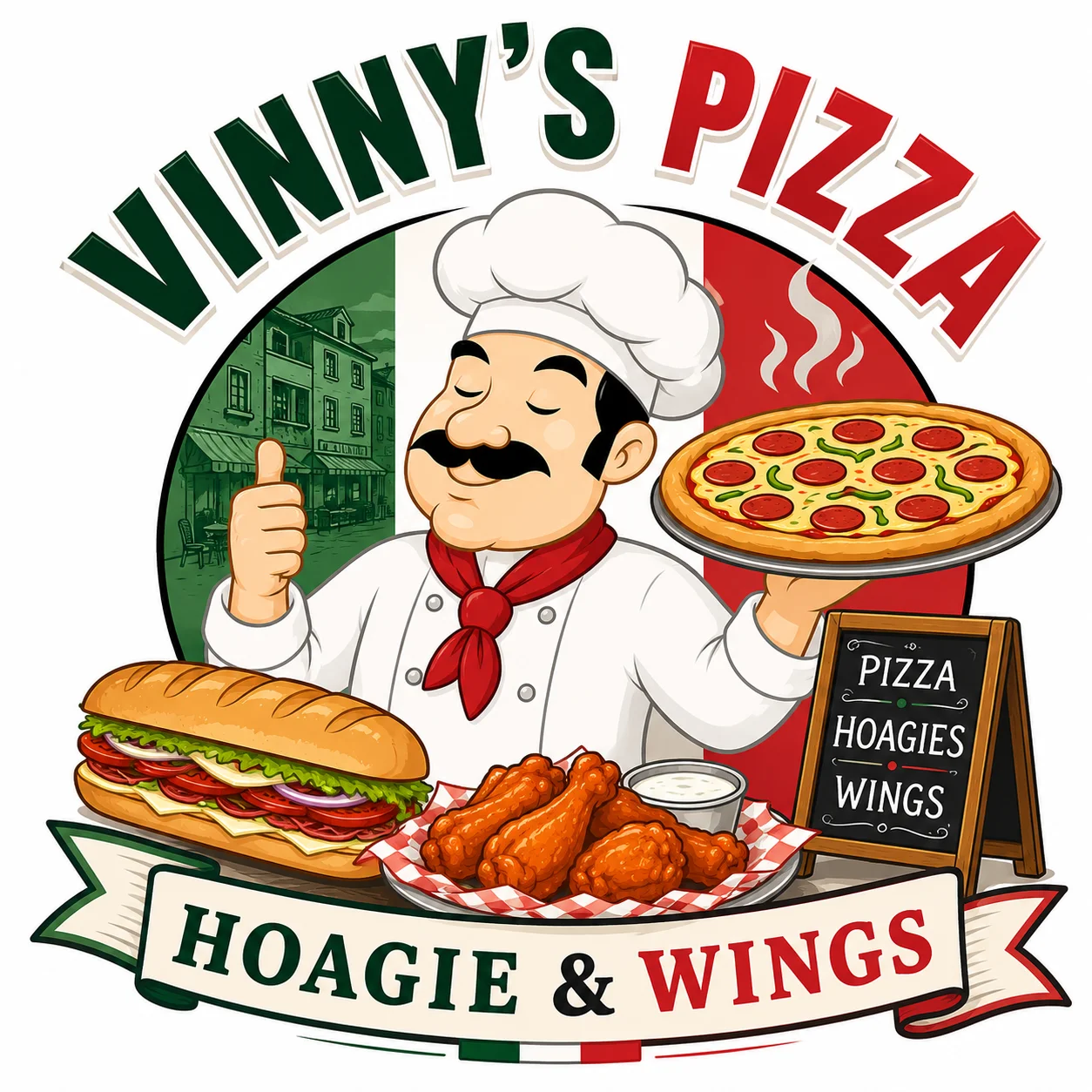 Italian pizza, hoagie sandwich, and chicken wings in a restaurant logo