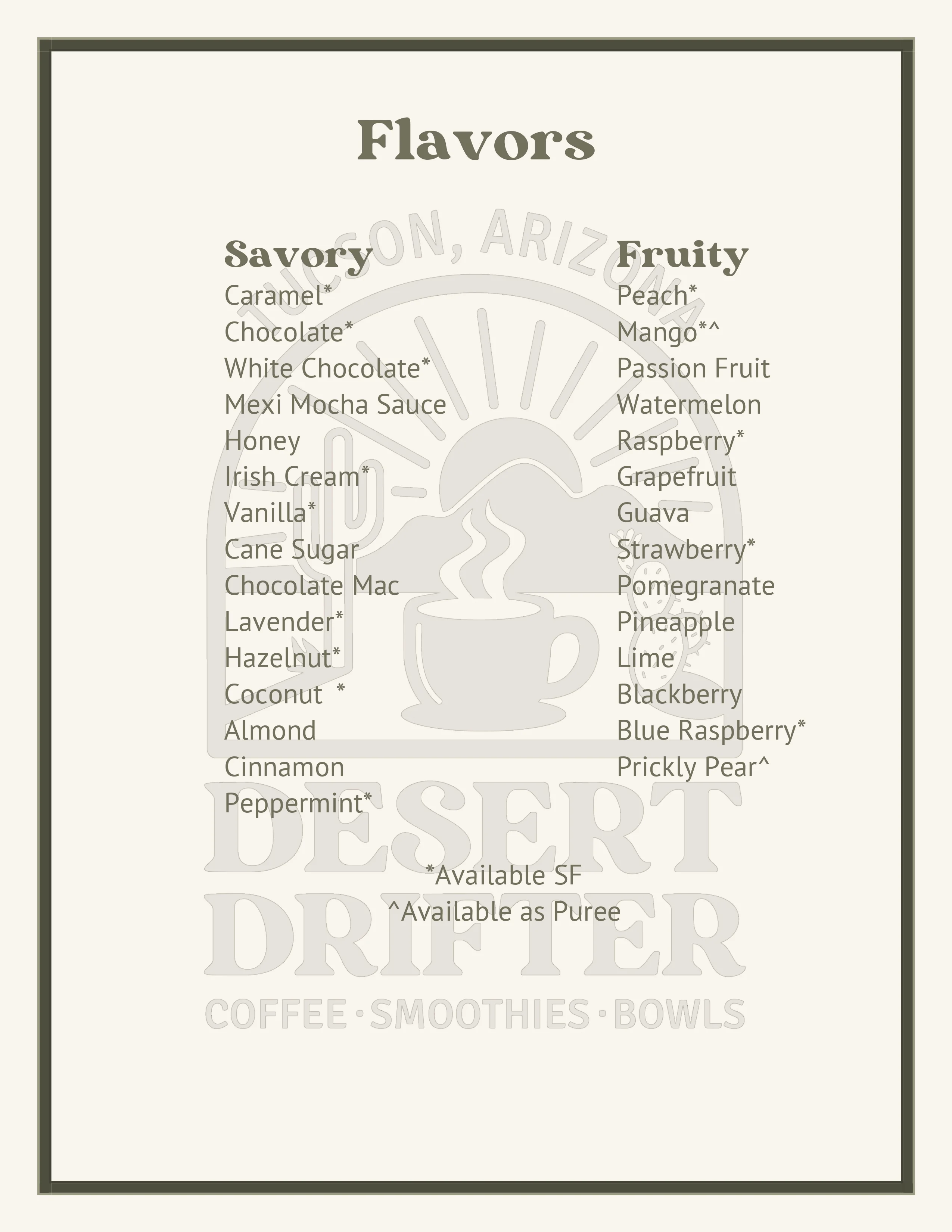 Flavor menu for coffee and smoothies at Desert Drifter in Tucson, Arizona