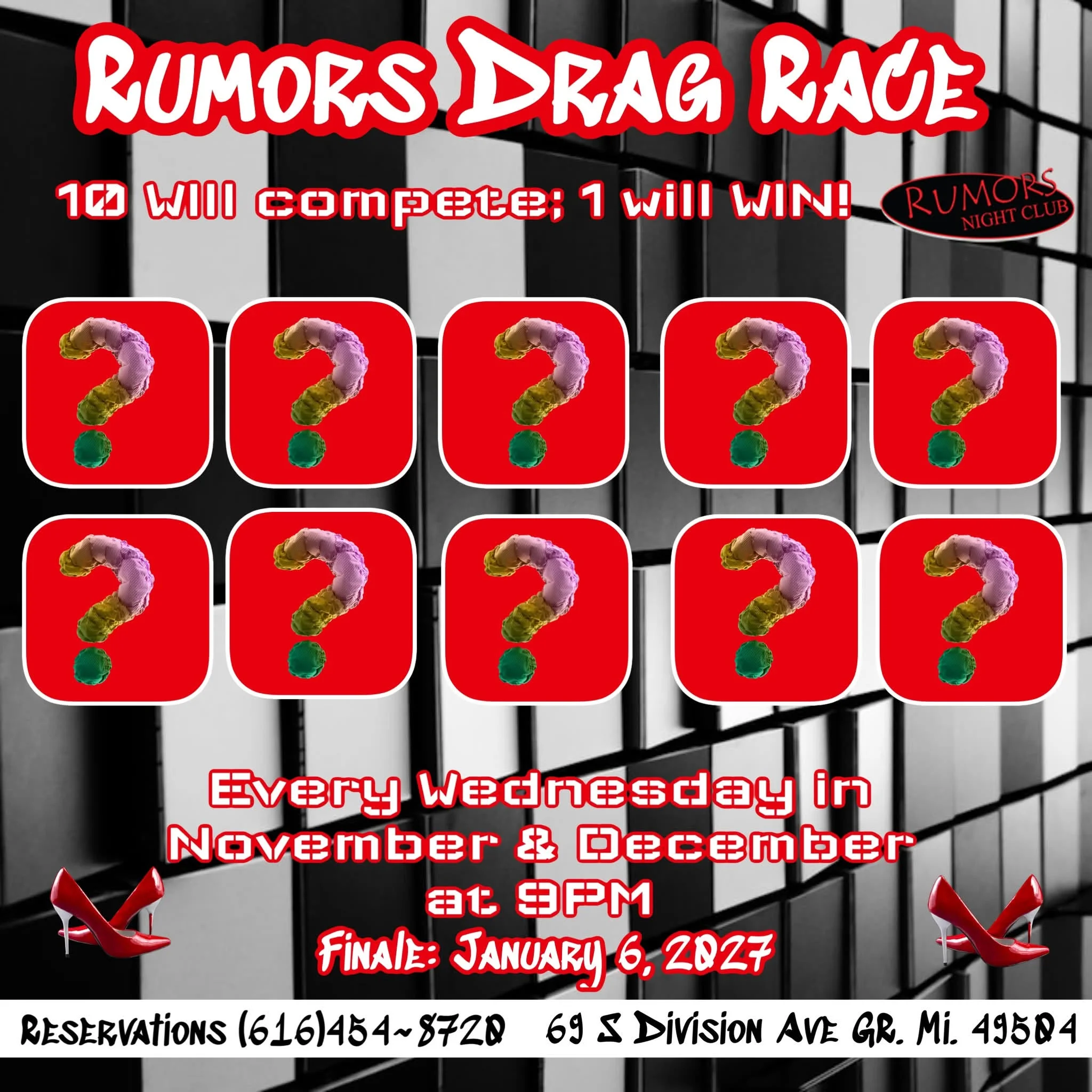 Promotional poster for Rumors Drag Race event at a nightclub