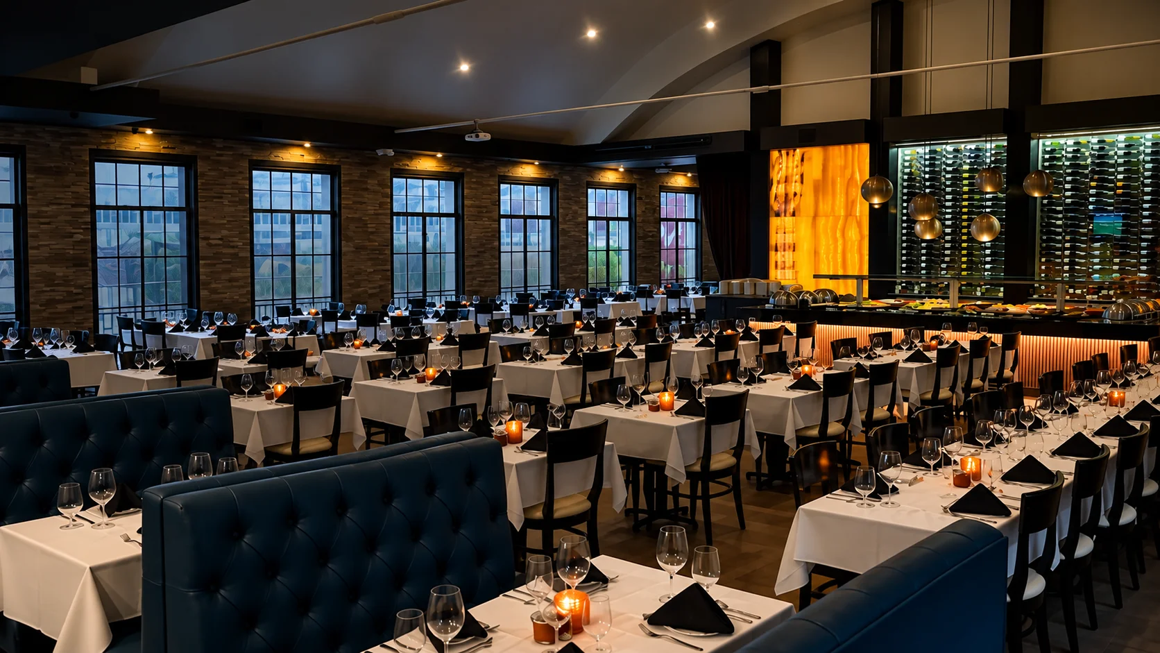 M Grill dining room set for a full restaurant private event in Los Angeles