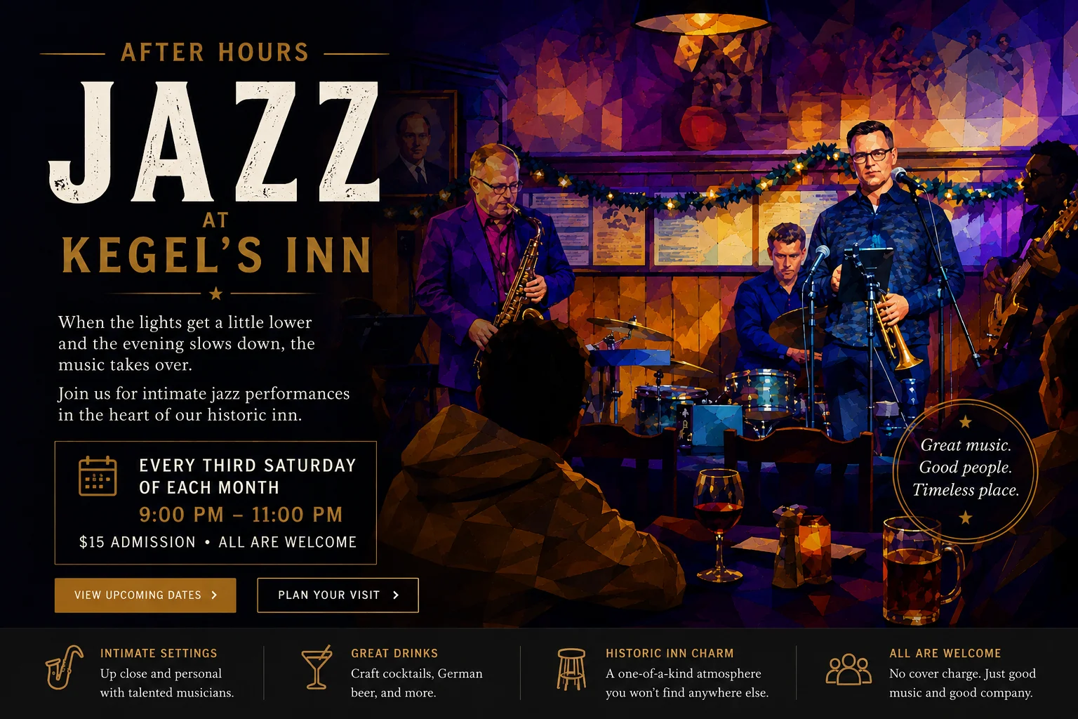 Live jazz performance at Kegel's Inn with musicians and cozy atmosphere