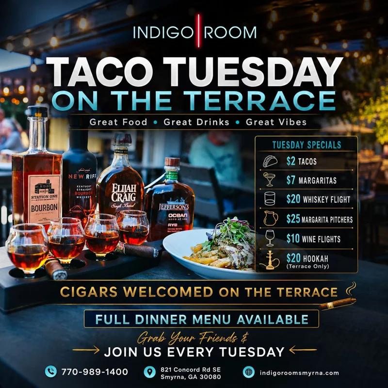 Taco Tuesday special with vibrant tacos and cocktails on a terrace
