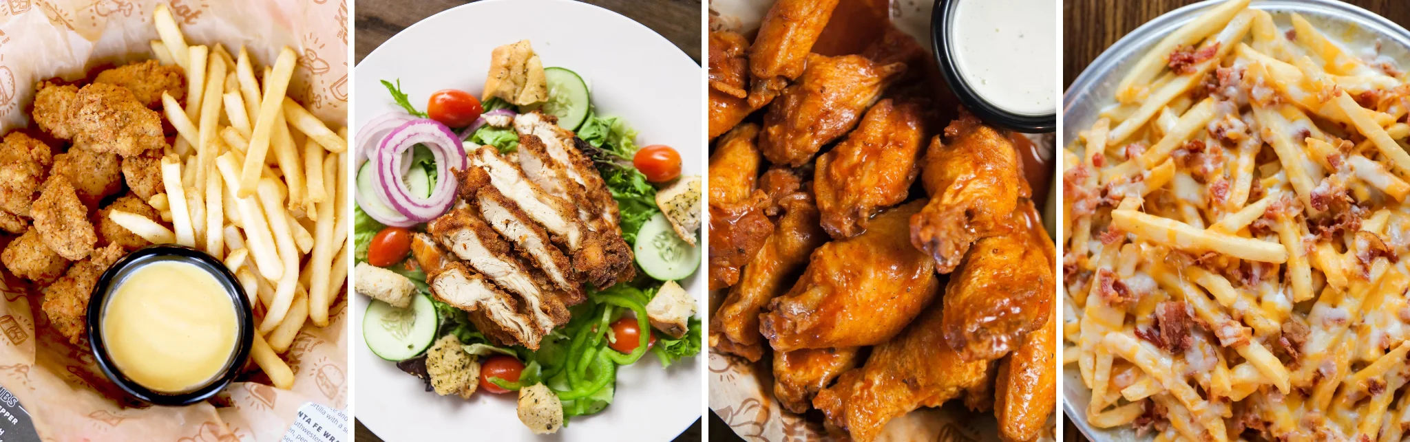 Crispy chicken wings and loaded fries in a casual dining setting
