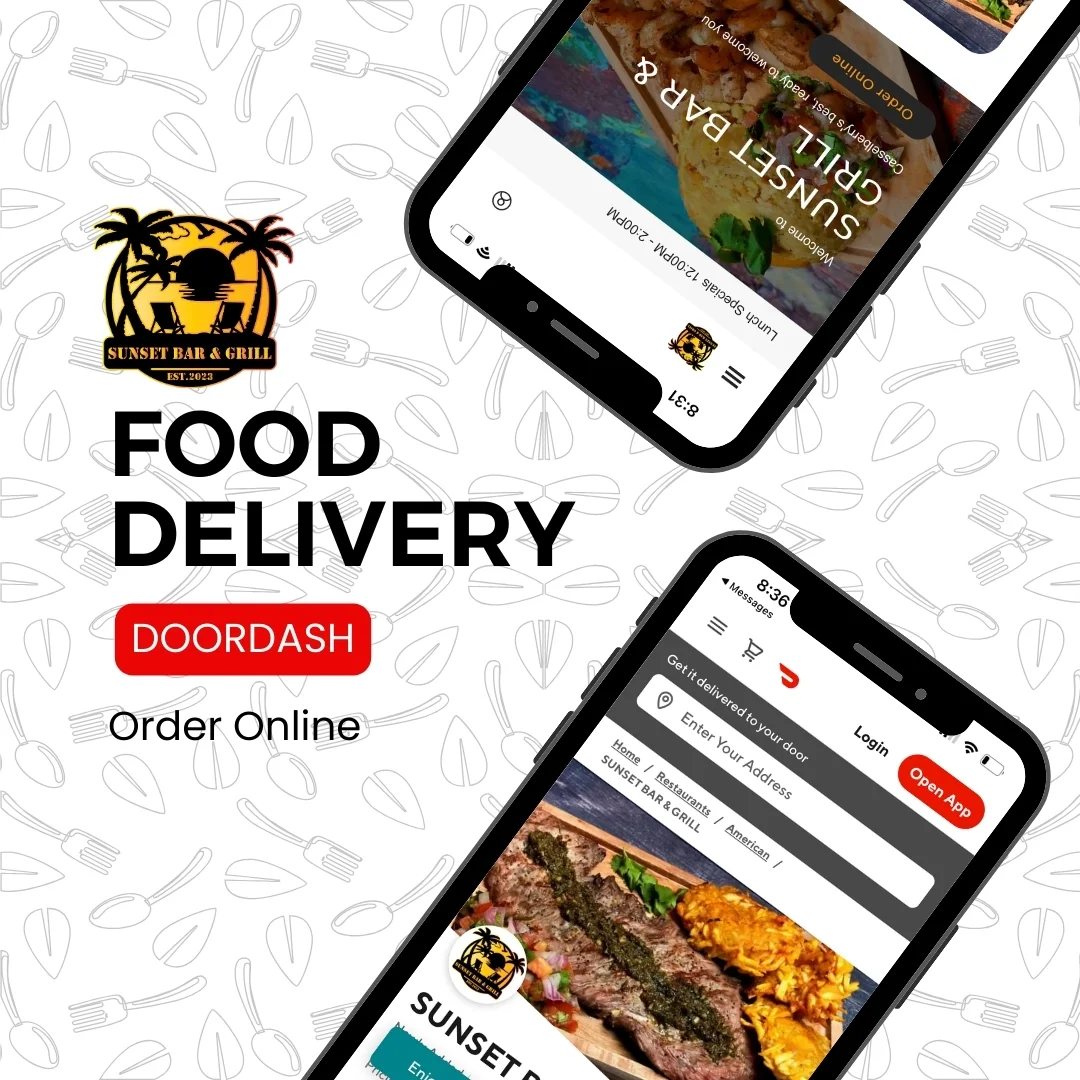 Food delivery app interface for Sunset Bar & Grill