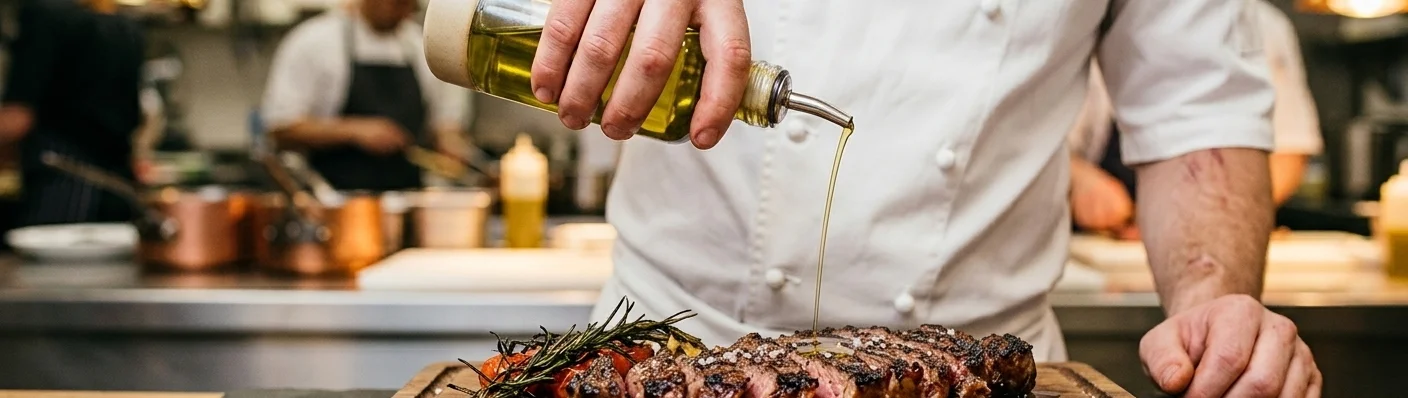Chef drizzling olive oil over grilled steak in a restaurant kitchen