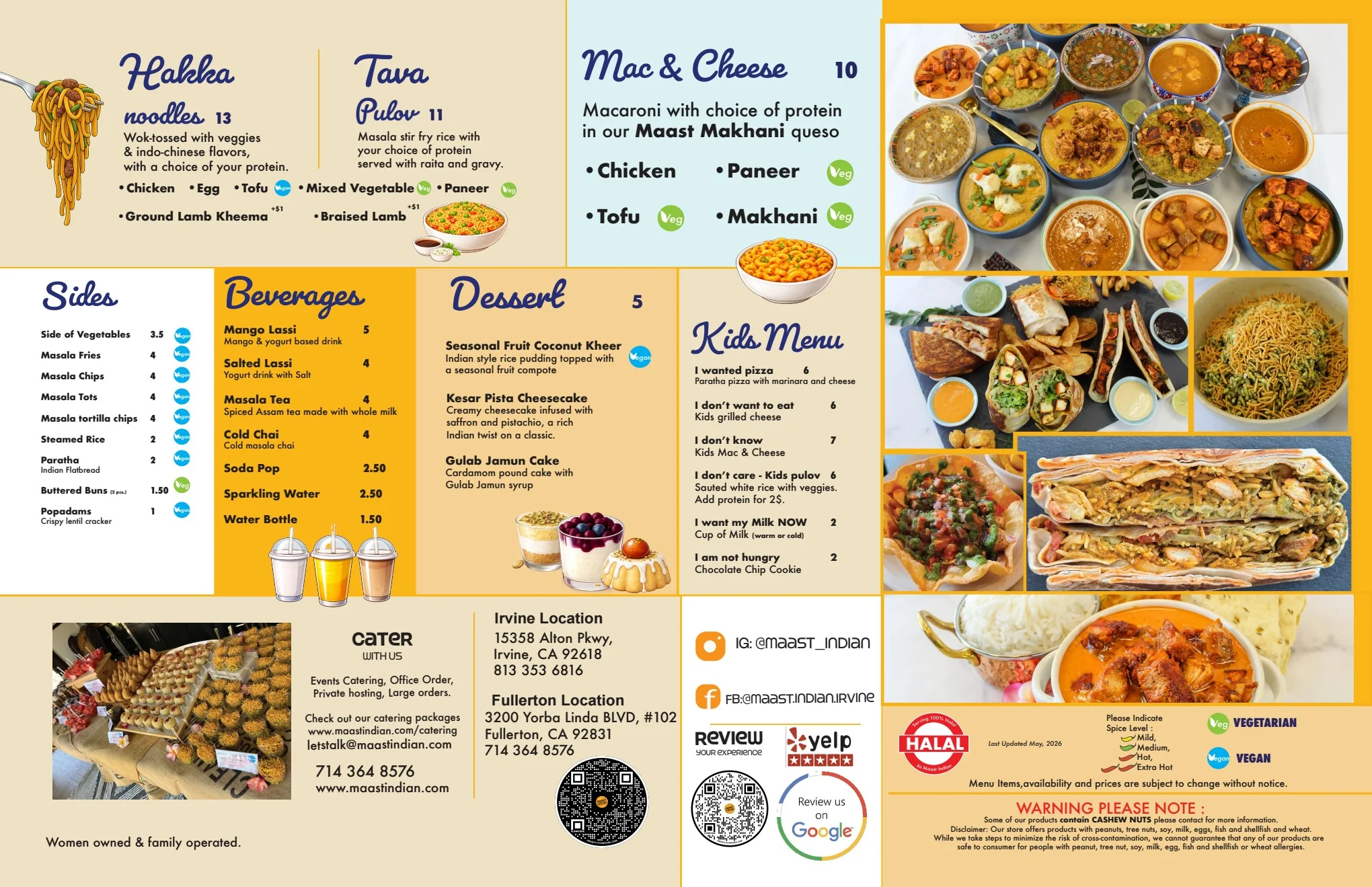 Indian cuisine menu featuring Hakka noodles and Tava Pulov
