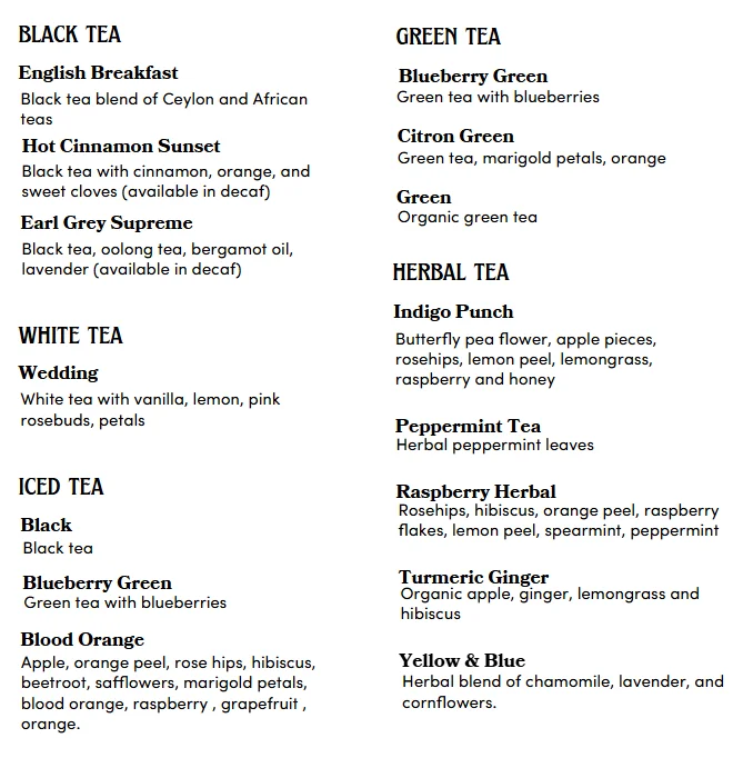 Variety of specialty teas displayed on a menu board
