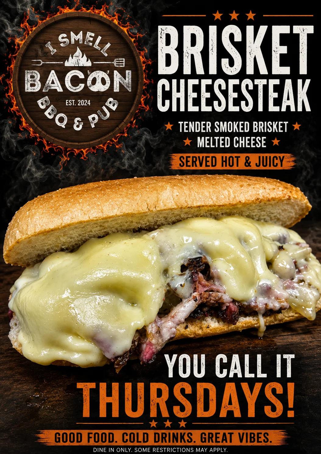 Brisket cheesesteak sandwich from a BBQ pub, served hot and juicy