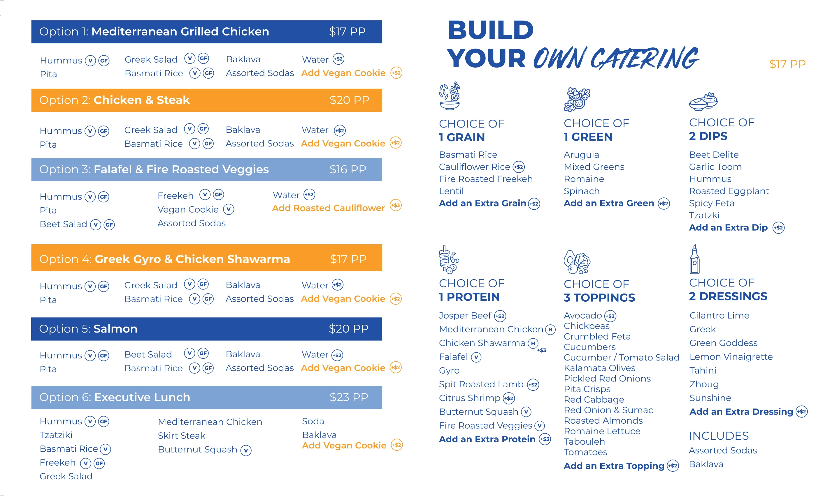 Catering menu options with various dishes and prices.