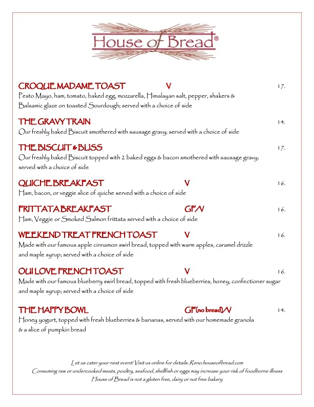 Breakfast menu from House of Bread featuring various brunch dishes