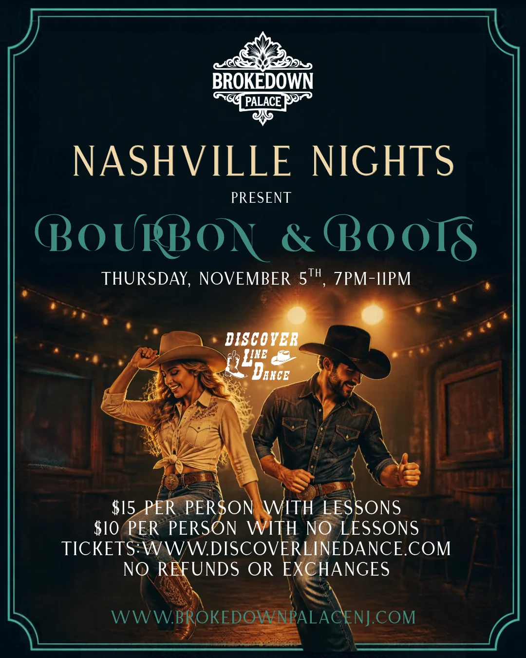 Western country dance event poster with cowboy dancers and ornate typography