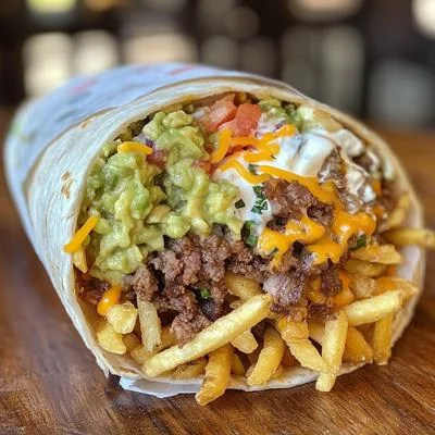 Loaded burrito with fries, guacamole, and cheese, showcasing Mexican cuisine.