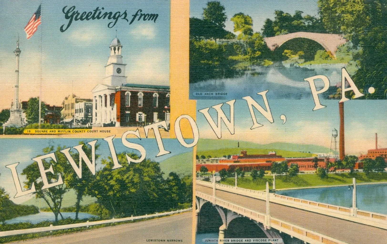 Vintage postcard featuring Lewistown, Pennsylvania landmarks