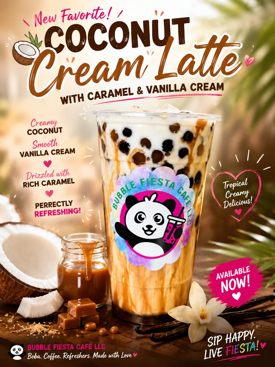 Coconut cream latte with caramel and vanilla in a clear cup